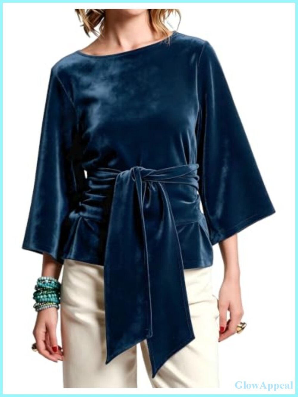Velvet Belted Tunic Blouse with 3/4 Trumpet Sleeves